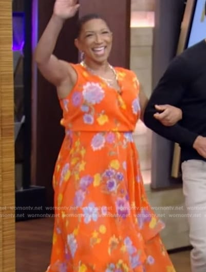 Deja Vu’s orange floral print wrap dress on Live with Kelly and Mark