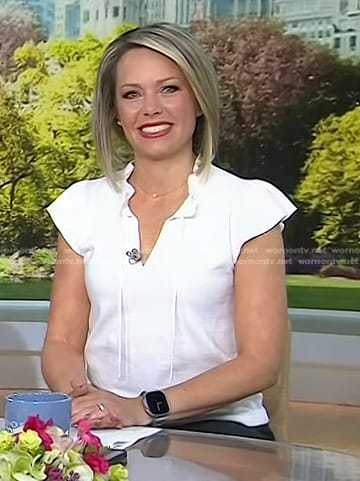 Dylan’s white ruffle tie neck top on Today