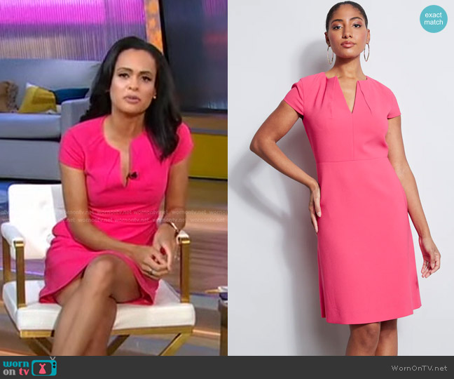 Elie Tahari Short Sleeve Dart Fit & Flare Dress in Tropic Pink worn by Linsey Davis on Good Morning America