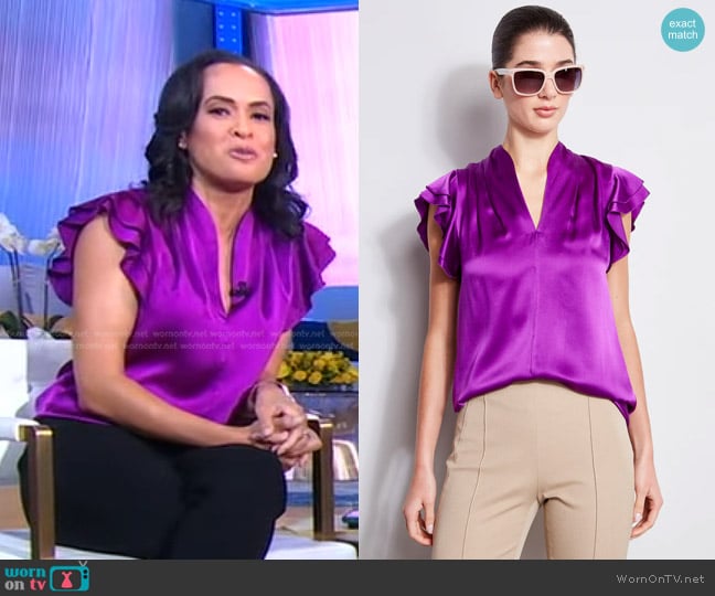 Elie Tahari Silk Satin Flutter Shirt in Wild Berry worn by Linsey Davis on Good Morning America
