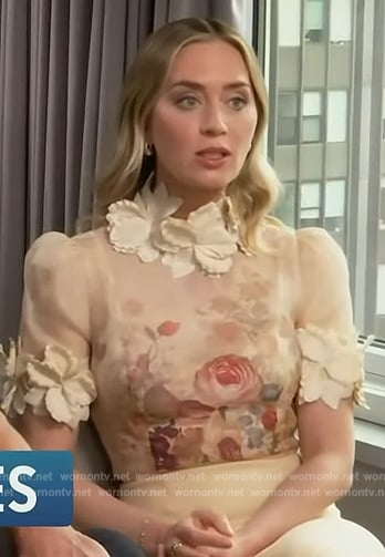 Emily Blunt’s floral applique mini dress on Access Hollywood