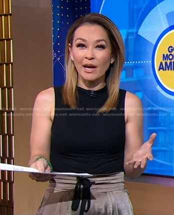 Eva’s black ruched top and satin pants on Good Morning America