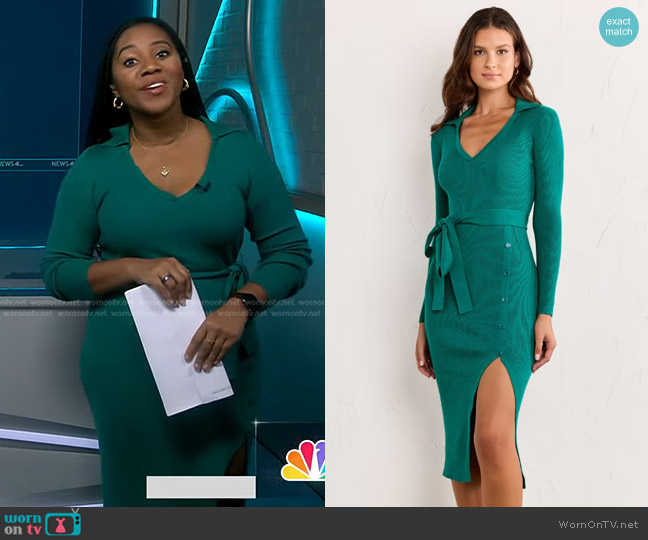 New York & Company Ribbed Belted Sweater Dress - Fore Collection worn by Kay Angrum on NBC News Daily
