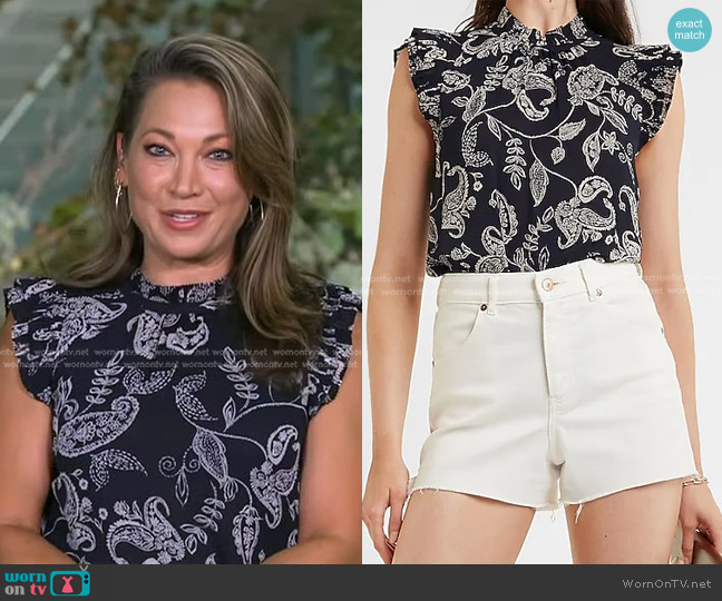 Express Paisley Pleated Mock Neck Ruffle Top in neutral print worn by Ginger Zee on Good Morning America
