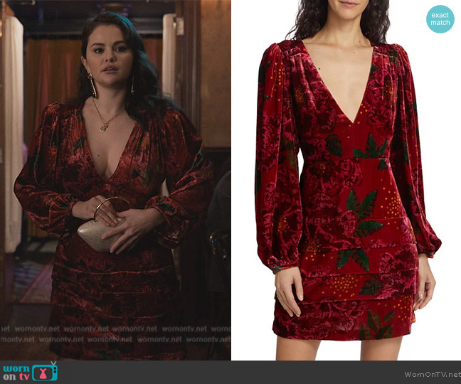 Farm Rio Red Shiny Flowers Mini Dress worn by Mabel Mora (Selena Gomez) on Only Murders in the Building