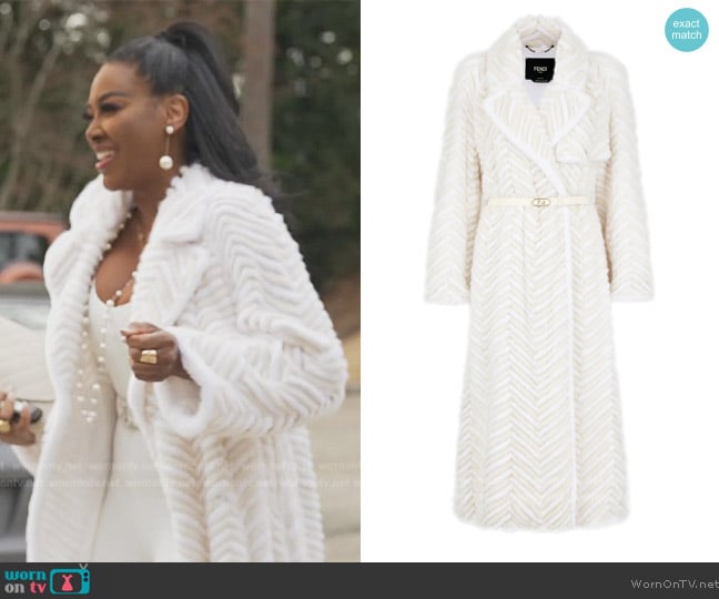 Fendi White Mink Coat worn by Kenya Moore on The Real Housewives of Atlanta