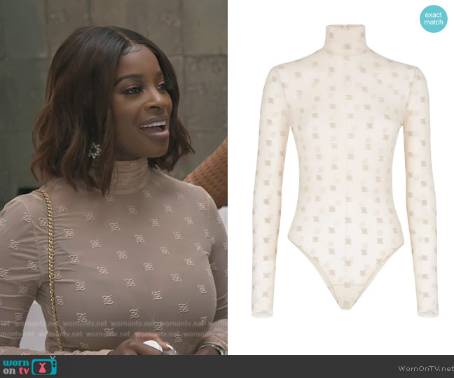 Fendi Karligraphy Logo Embroidered Mesh Bodysuit worn by Shamea Morton on The Real Housewives of Atlanta