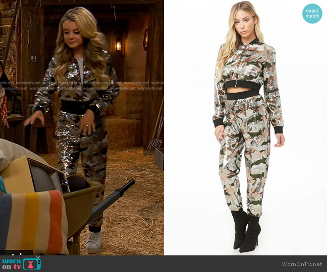 Forever 21 Sequin Camo Bomber Jacket worn by Destiny Baker (Mallory James Mahoney) on Bunkd