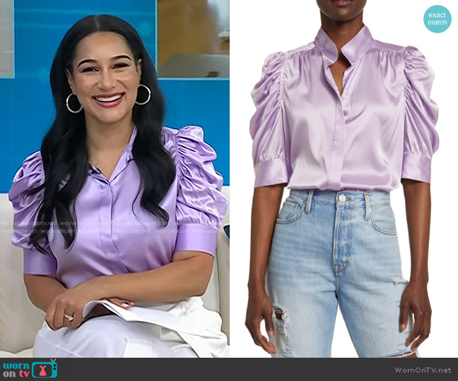 Frame Gillian Stretch Silk Blouse in Lilac worn by Morgan Radford on Today