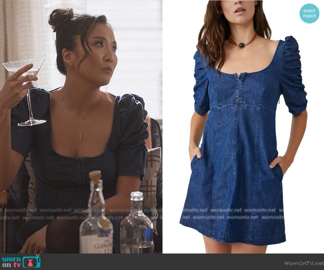 Free People Cheyenne Ruched Sleeve Denim Minidress worn by Kimber (Ashley Park) on Only Murders in the Building