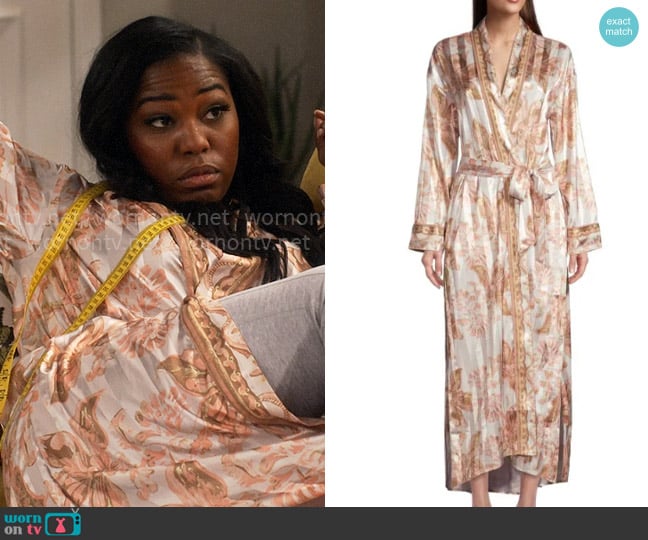 Free People Pajama Party Belted Floral Satin Long Robe worn by Harper (Laci Mosley) on iCarly