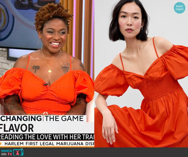 Gap Off-Shoulder Puff Sleeve Maxi Dress worn by Ashley Rouse on CBS Mornings