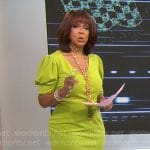 Gayle King’s lime green v-neck puff-sleeve dress on CBS Mornings