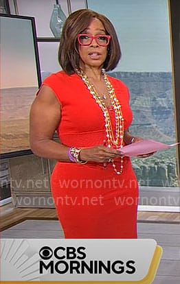 Gayle King’s red v-neck sheath dress on CBS Mornings