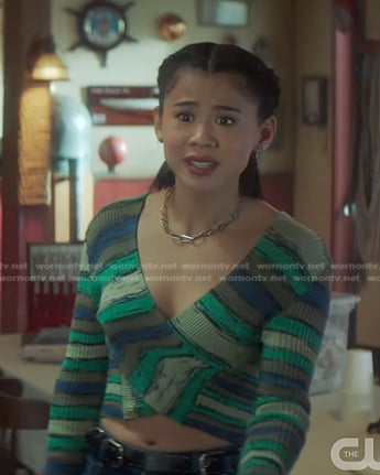 George’s green striped cross front top on Nancy Drew