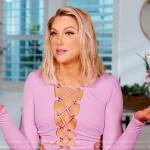 Gina’s lavender lace-up confessional dress on The Real Housewives of Orange County