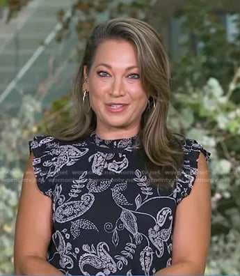 ginger’s navy paisley ruffle top on Good Morning America