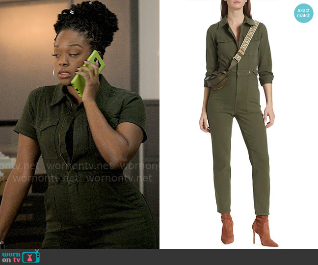 Good American Fit For Success Stretch Denim Zip Jumpsuit in Fern worn by Izzy Letts (Jazz Raycole) on The Lincoln Lawyer