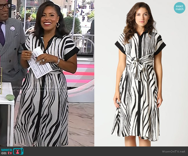 Gracia Animal Print Button-Down Midi Dress w/Waist Bow worn by Sheinelle Jones on Today