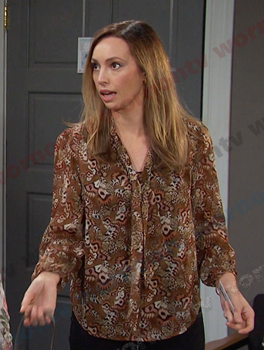 Gwen’s brown printed tie neck blouse on Days of our Lives