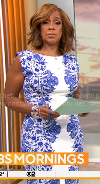 Gayle King’s white dress with blue lace on CBS Mornings