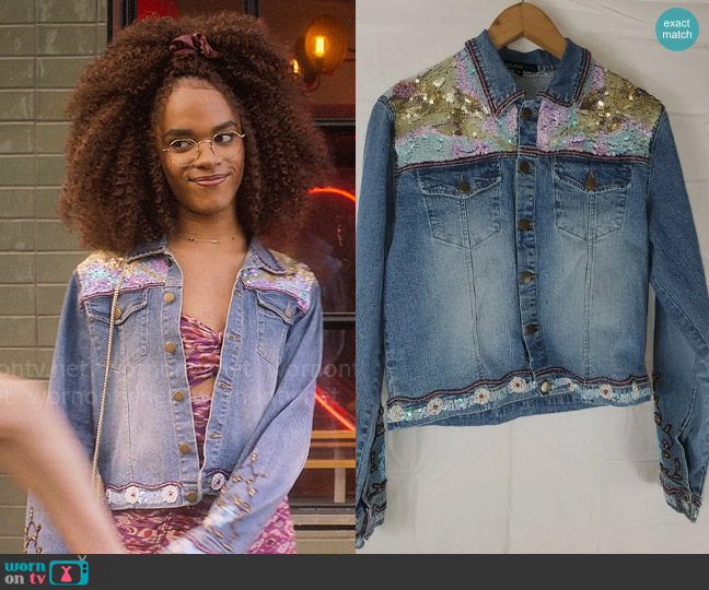 Haven Bleu Boho Sequin and Embroidered Jean Jacket worn by Elle Argent (Yasmin Finney) on Heartstopper