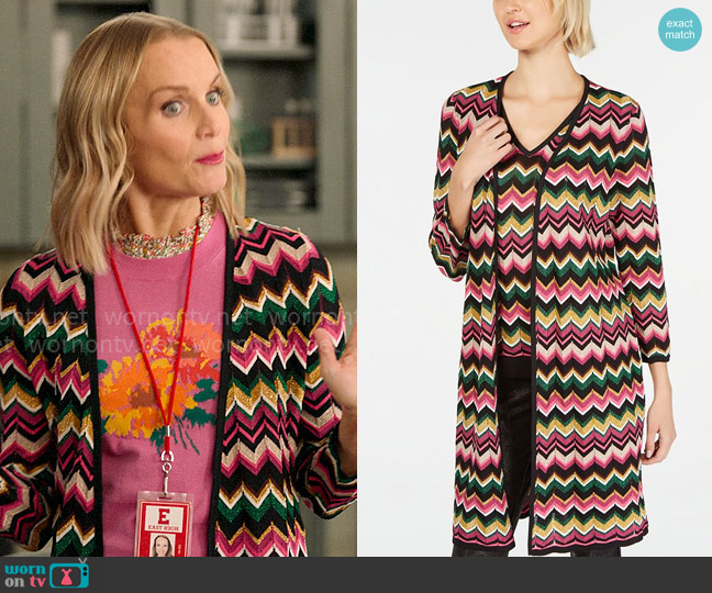 INC International Concepts Open-Front Chevron-Knit Cardigan worn by Miss Jenn (Kate Reinders) on High School Musical The Musical The Series