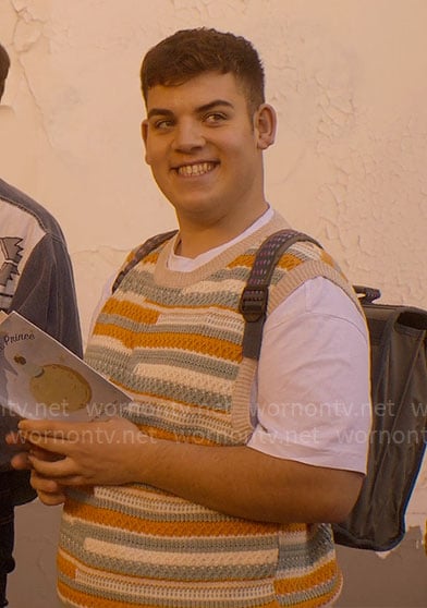 Isaac’s knit stripe sweater vest in Paris on Heartstopper