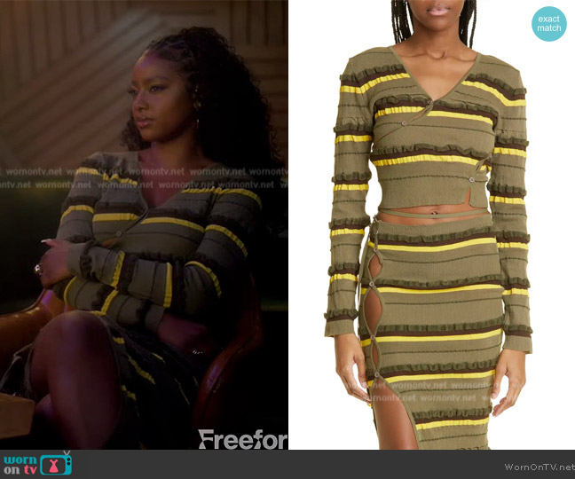 Jacquemus Stripe Twisted Crop Cardigan worn by Annika (Justine Skye) on Grown-ish