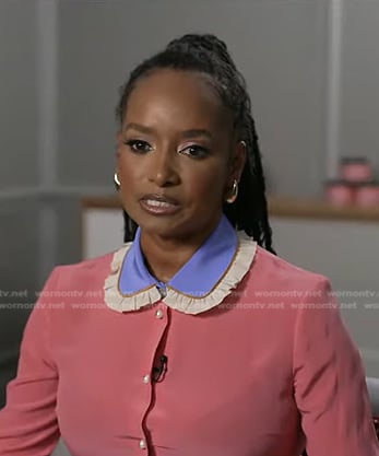 Janell Stephens’s pink blouse with blue collar on Good Morning America