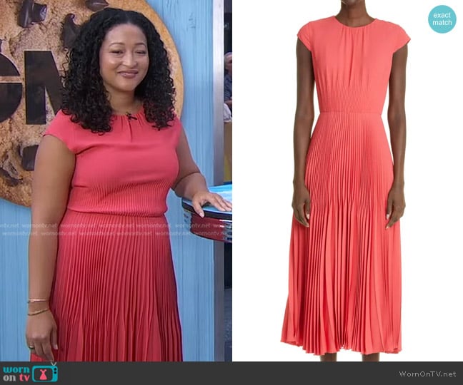 Jason Wu Pleated Cap Sleeve Dress in Deep Coral worn by Denise Woodard on Good Morning America