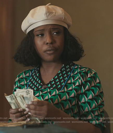 Jemma’s green printed short sleeve sweater on The Chi
