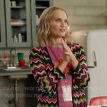 Miss Jenn’s pink flower sweater and chevron striped cardigan on High School Musical The Musical The Series