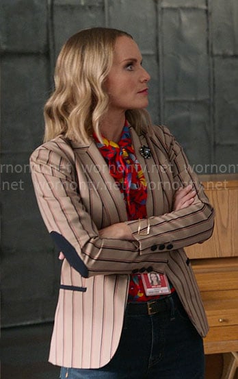 Miss Jenn’s striped blazer and red floral blouse on High School Musical The Musical The Series