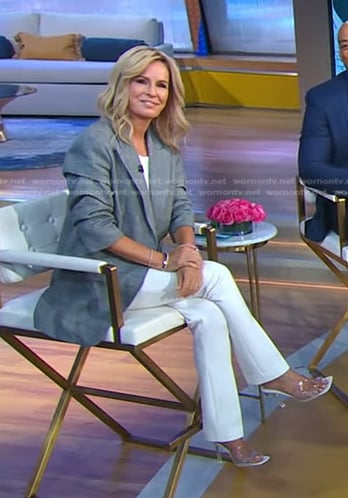 Jennifer’s grey ruched sleeve blazer and pvc clear sandas on Good Morning America