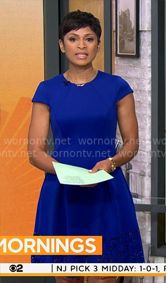 Jericka Duncan’s blue fit and flare dress on CBS Mornings