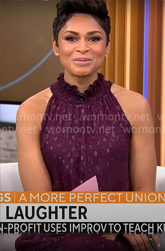 Jericka Duncan’s burgundy metallic dress on CBS Mornings