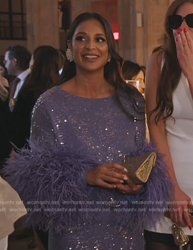 Jessel’s purple sequin feather trim top and skirt on The Real Housewives of New York City