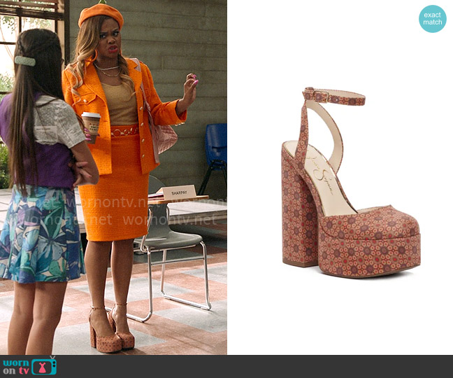 Jessica Simpson Skilla Platform Pump in Tan Combo worn by Kourtney (Dara Renee) on High School Musical The Musical The Series
