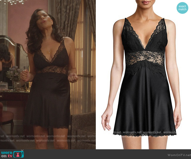 Josie Natori Josie Natori Sleek Lace Detail Silk Chemise worn by Seema Patel (Sarita Choudhury) on And Just Like That