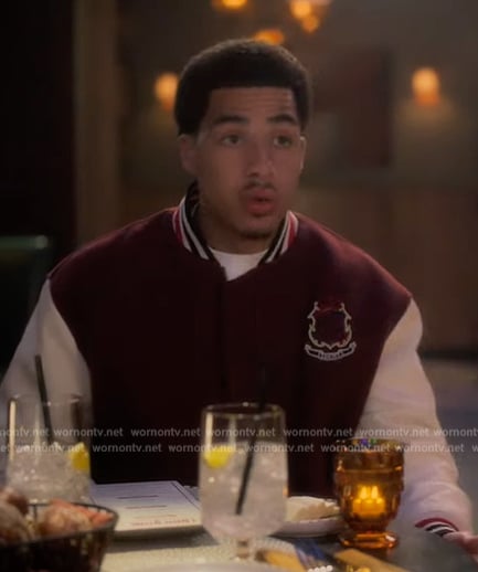 Junior’s burgundy embroidered jacket on Grown-ish