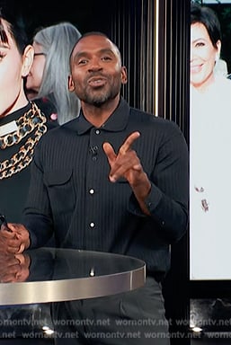 Justin’s black stripe long sleeve shirt on E! News