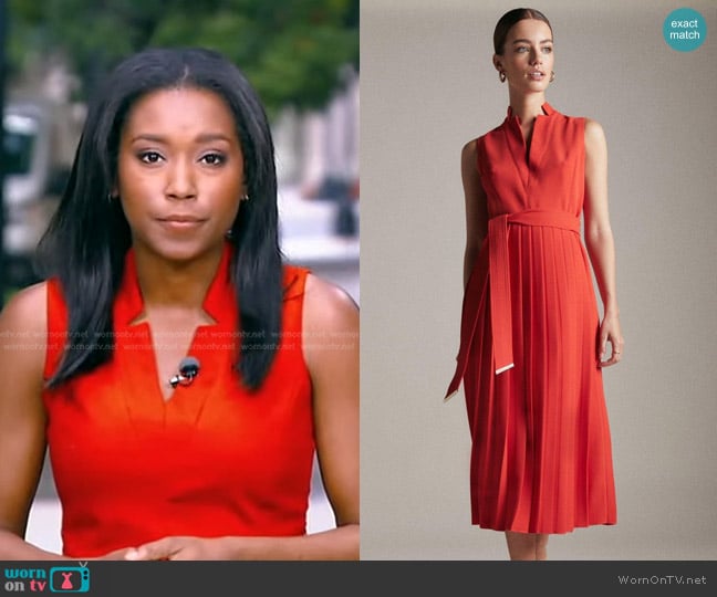 Karen Millen Pleat Notch Neck Woven Midi Dress worn by Rachel Scott on Good Morning America