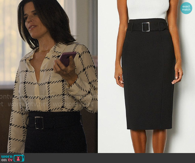 Karen Millen Ponte Belted Pencil Skirt worn by Maggie McPherson (Neve Campbell) on The Lincoln Lawyer