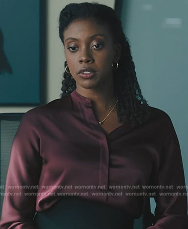 Kate’s burgundy satin blouse on Billions