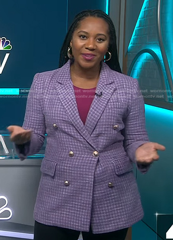 Kay Angrum’s purple plaid tweed blazer on NBC News Daily