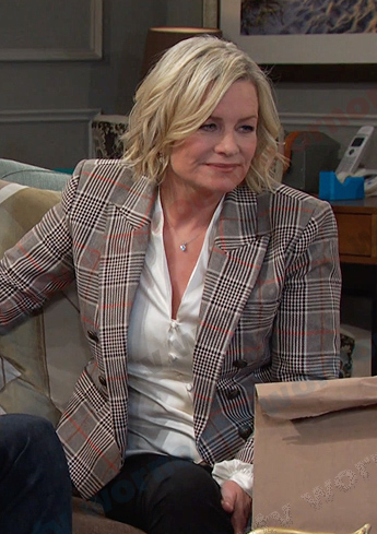 Kayla’s plaid double breasted blazer on Days of our Lives