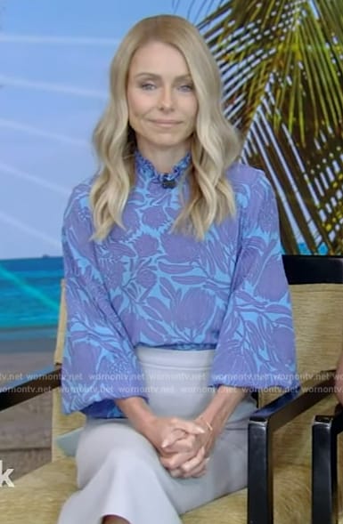 Kelly’s blue floral print blouse on Live with Kelly and Mark