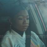 Kenya’s white embroidered patch jacket on The Chi