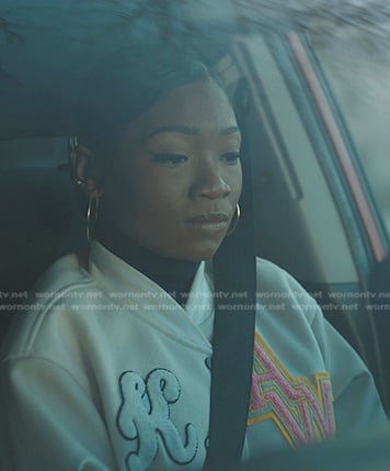 Kenya’s white embroidered patch jacket on The Chi